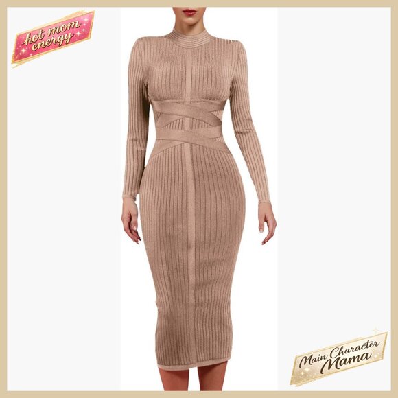 Dresses & Skirts - Cross Strap Ribbed Bandage Bodycon Midi Dress Long Sleeve Fall Party Wear